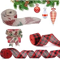Clemas 2 Rolls Wrapping Ribbon Include 1 X Christmas Wired Plaid Burlap Ribbon and 1 X Christmas Vintage Red Green Brown…