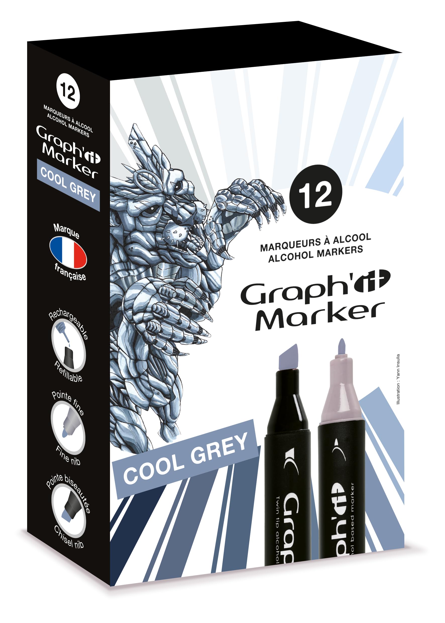 Graph'it - Set of 12 Double Tip Alcohol Markers: Fine and Chisel for Manga Drawing, Illustration, Coloring, Sketching, Writing - Refillable - Cool Greys Set