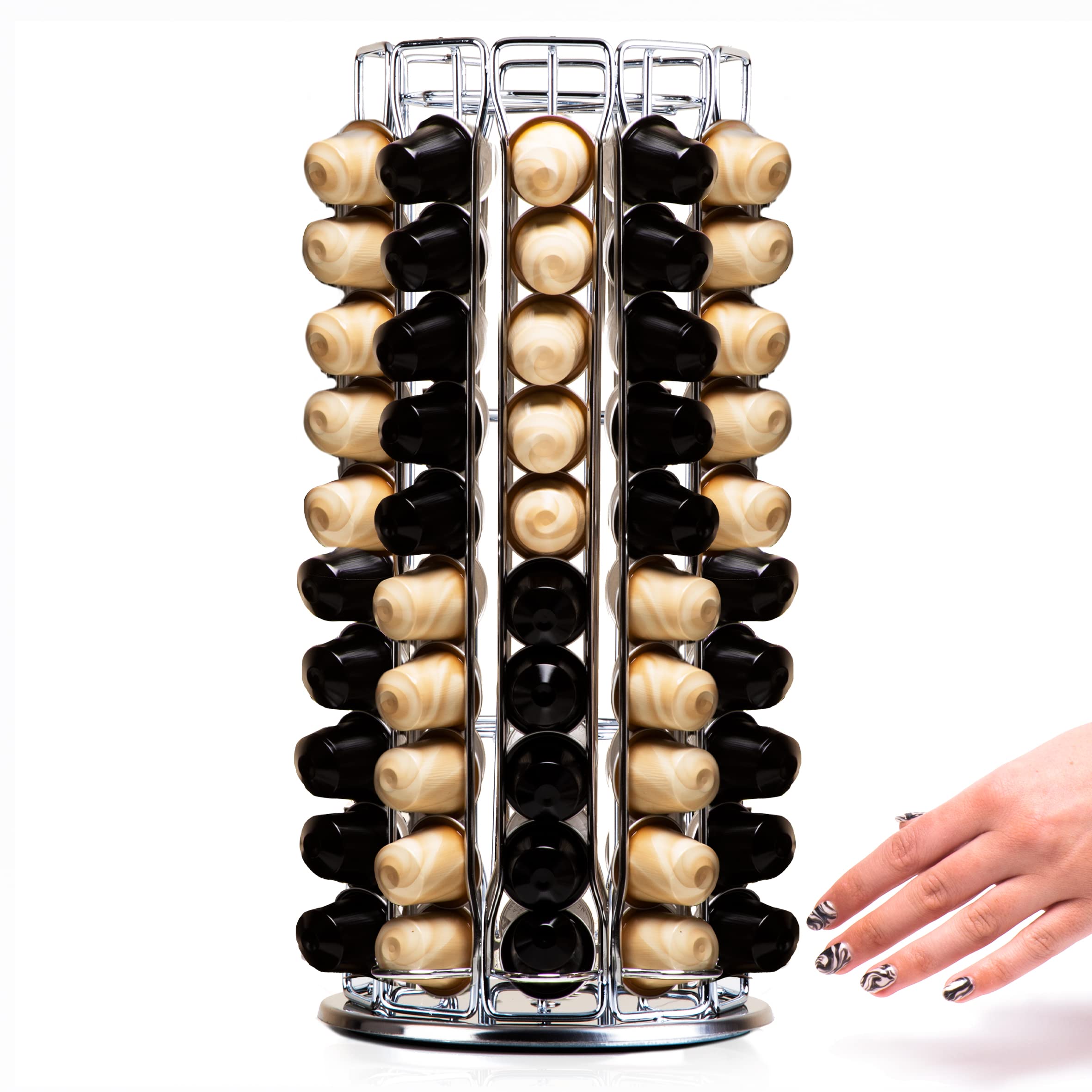 Peak Coffee Capsule Holder Stand for 140 Nespresso Original Line Pods - Revolving Tower Rack Dispenser for Storage & Organisation - Modern Chrome Finish - 360 Degree Revolving