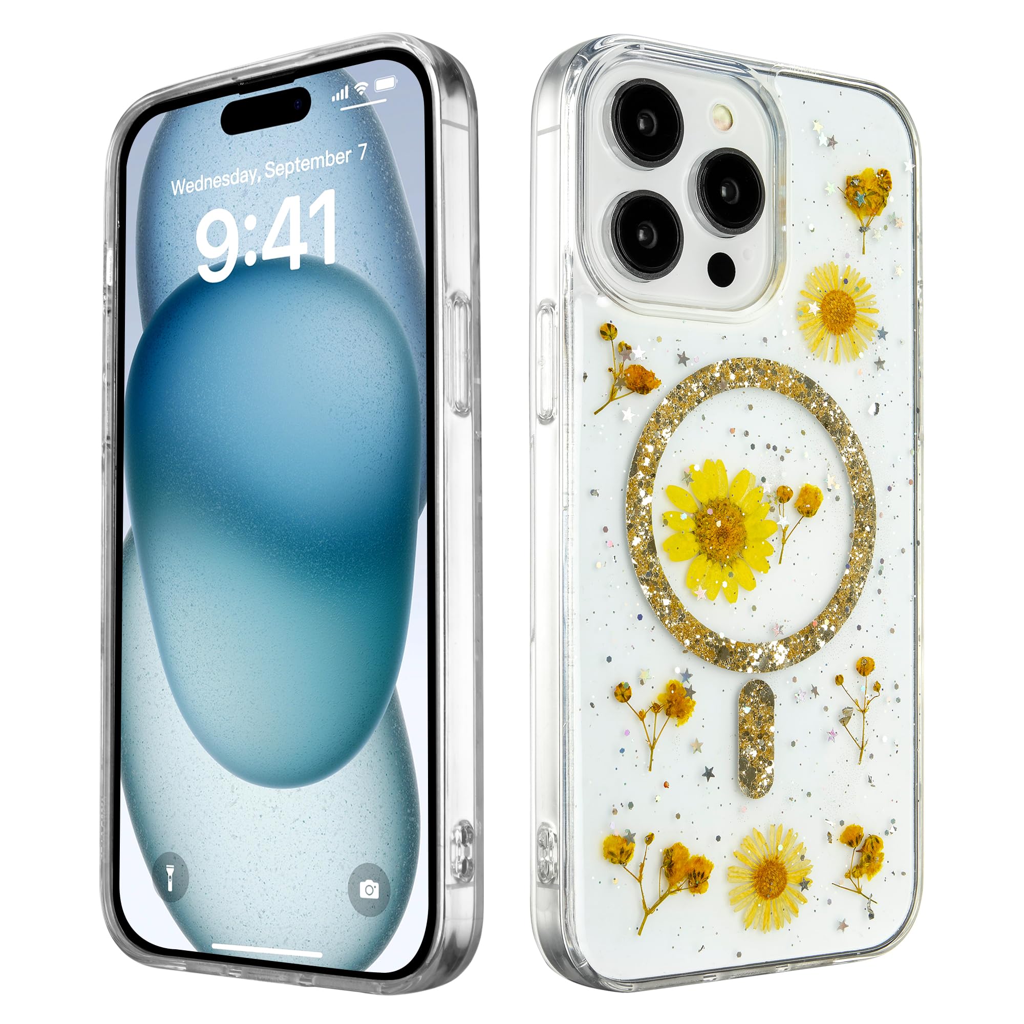 PIXFAB Case for iPhone 16 Pro Max, Glitter Bling Diamond Back Phone Cover [Compatible with MagSafe] Wireless Charging, [Slim Fit] Military-Grade Protection [Anti-Scratch] - Yellow