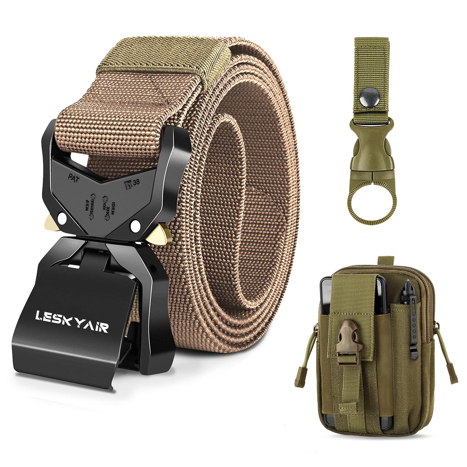 Leskyair Men Tactical Belt, Military Work Belt Rigger 1.5" Nylon with Heavy Duty Quick Release Metal Buckle, Gift with Molle Pouch and Bottle Clip — image 1