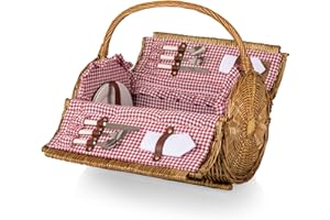 Picnic Time - Barrel Wicker Picnic Basket for 2 - Picnic Set - Wine Picnic Basket, (Red & White Gingham Pattern), 18.5" x 17"