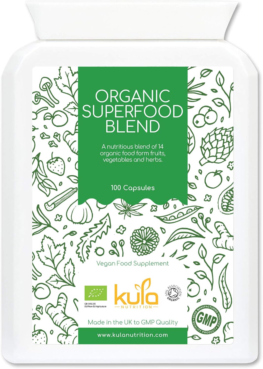 Kula Nutrition - Organic Superfood Complex - 100 Capsules - A Natural Food Form Vitamin and Mineral Blend with 14 Organic Fruits, Green Vegetables and Plant Extracts – Spirulina, Wheatgrass and More.