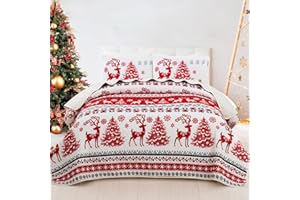 DJY Christmas Quilt Set King, Xmas Tree Elks Printed Quilt Coverlet for All Season Rustic Christmas Bedding Quilt with 2 Pillow Shams Christmas Microfiber Bedspread Set for Kids Teens 90"x104"