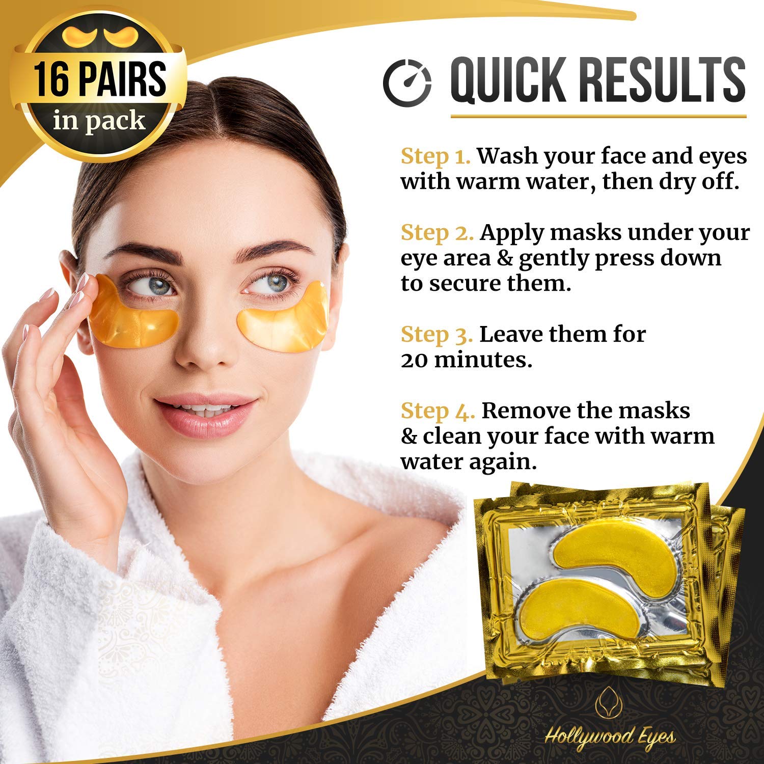 Under Eye Patches, 24K Gold Collagen Eye Mask, Dark Circles and Wrinkles Treatment, Anti-aging, Gel Pads for Puffiness and Bags, Immune System Support for Eyes, With Hyaluronic Acid, Deep Moisturizing : Beauty