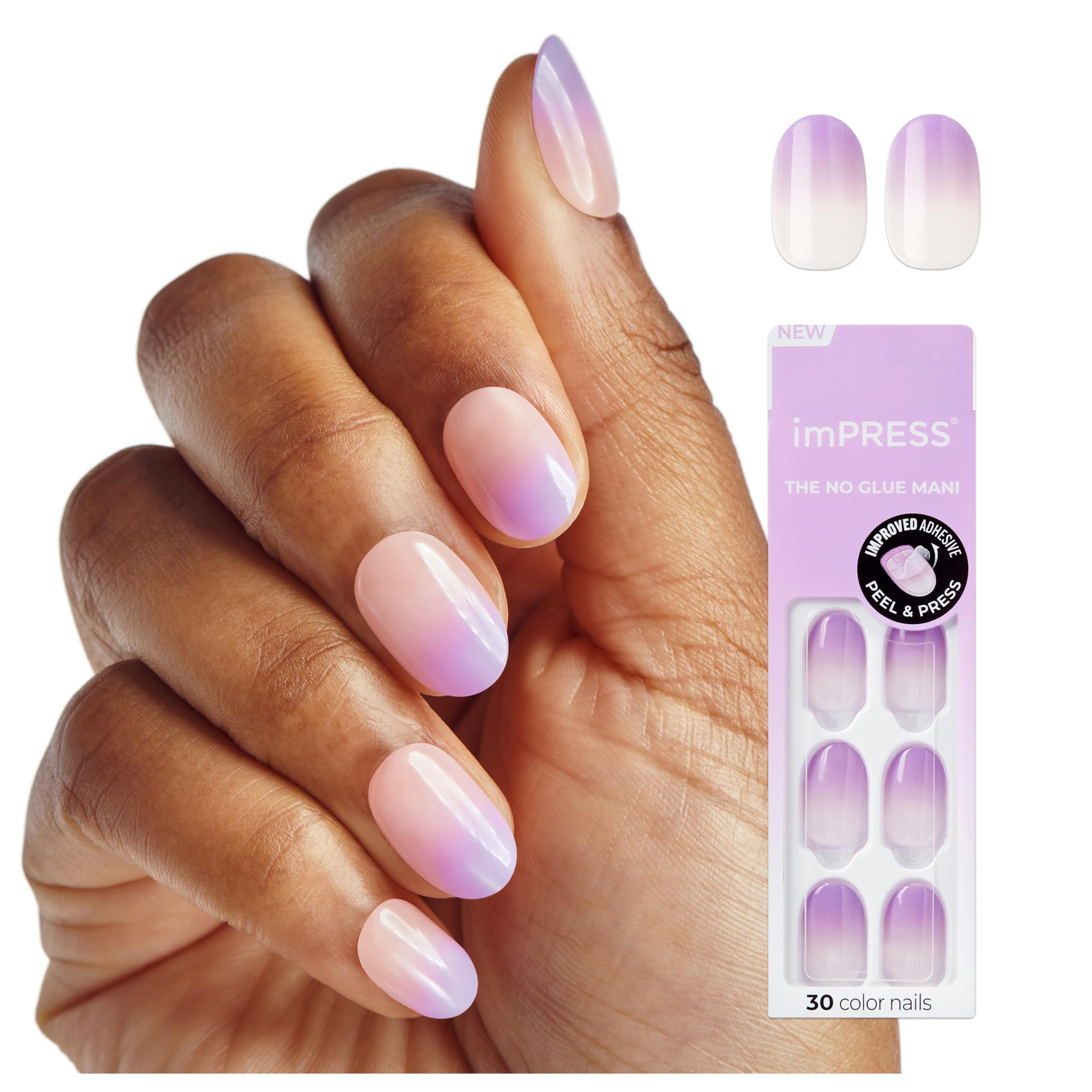 imPRESS Color Ombre Press On Nails, 'Take A Chance', Purple, Short Oval, PureFit Technology, Patented Super Hold Adhesive, Chip Proof, Smudge Proof, Mini Nail File, Manicure Stick & 30 Fake Nails