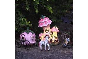 LA Jolie Muse Resin Fairy Garden - Miniature Floral Roof Cottage with Solar LED Lights, Fairy House Figurine Set of 3 with Carriage, Outdoor Decor for Patio Yard Lawn, Gifts for Mom
