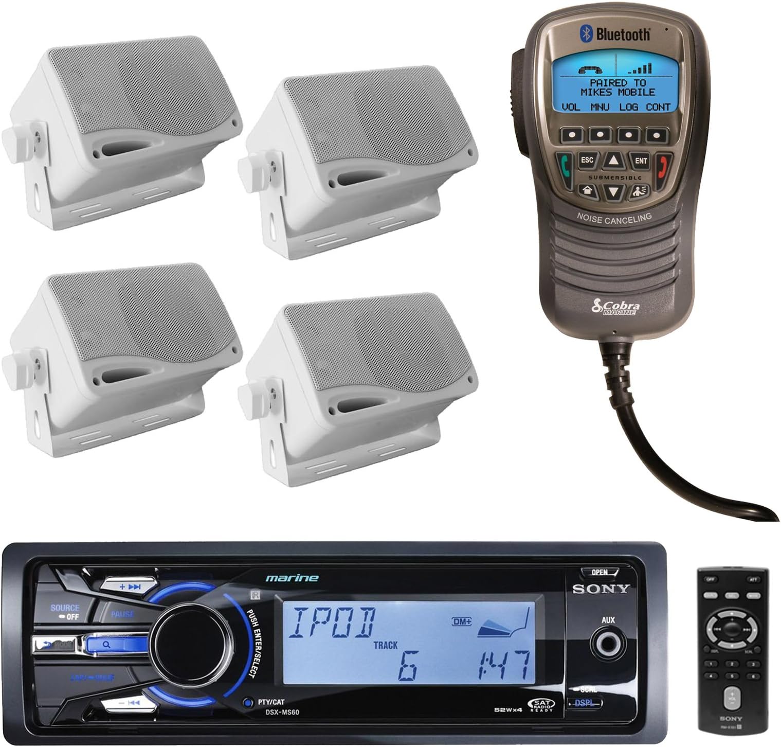 Sony DSX-MS60 Marine Boat Yachht MP3 USB iPod iPhone Stereo AM/FM Radio 4 X 52 Watts Receiver With Cobra MRF300BT Waterproof Marine Handset with Bluetooth Wireless Technology for Use with Bluetooth-Enabled Cell Phone And 4 X 200W 3 Way Marine Audio Boxed S