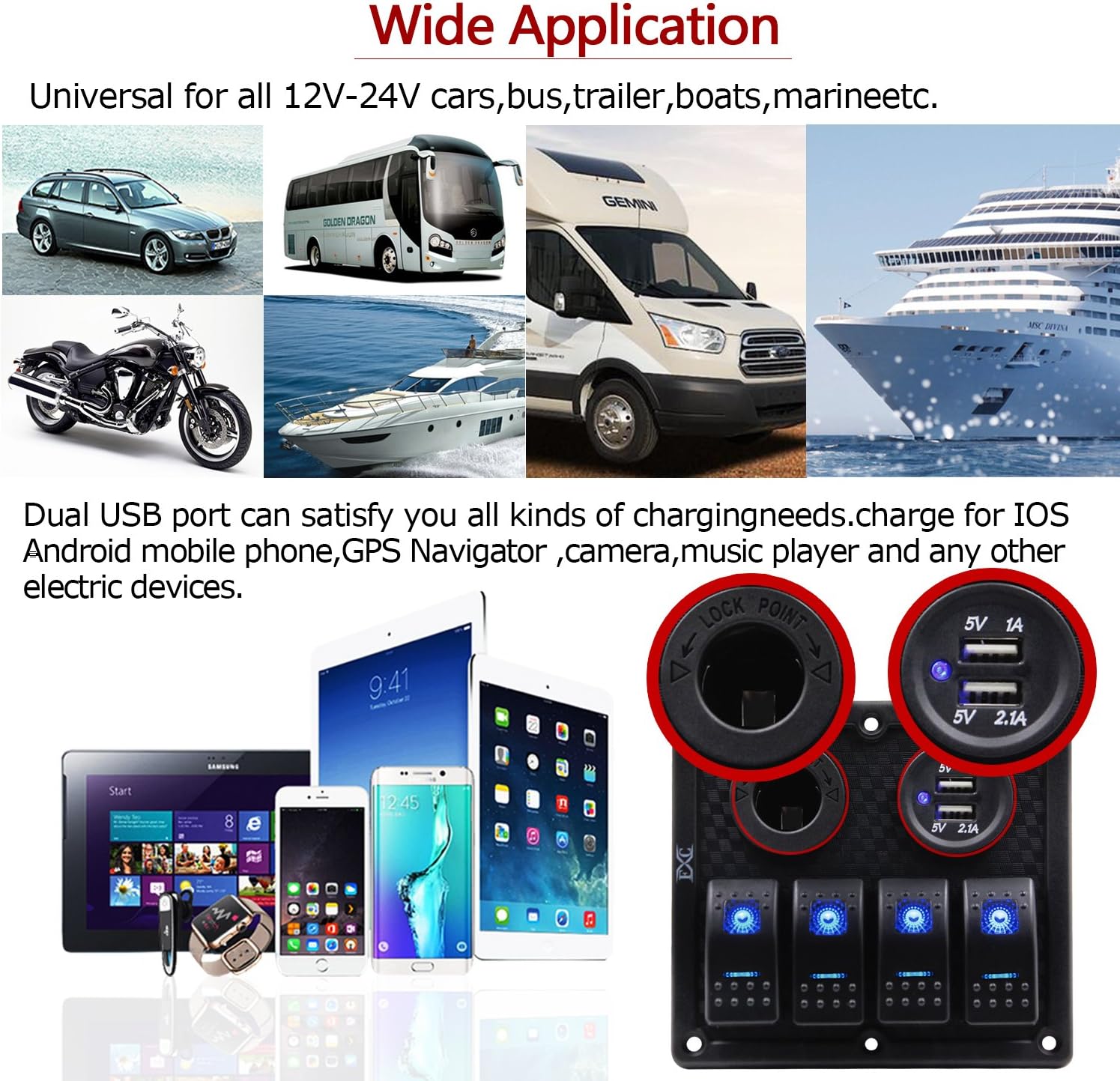 FXC Waterproof Marine Boat Rocker Switch Panel 4 Gang with Dual USB Slot Socket + Cigarette Lighter LED Light for Car Rv Vehicles Truck (4 Gang Blue Light) : Sports & Outdoors