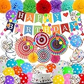 Colorful Birthday Decorations, Rainbow Party Supplies with Paper Fan Decor, Hanging Swirls, Colorful Balloons, Multicolor Happy Birthday Banner