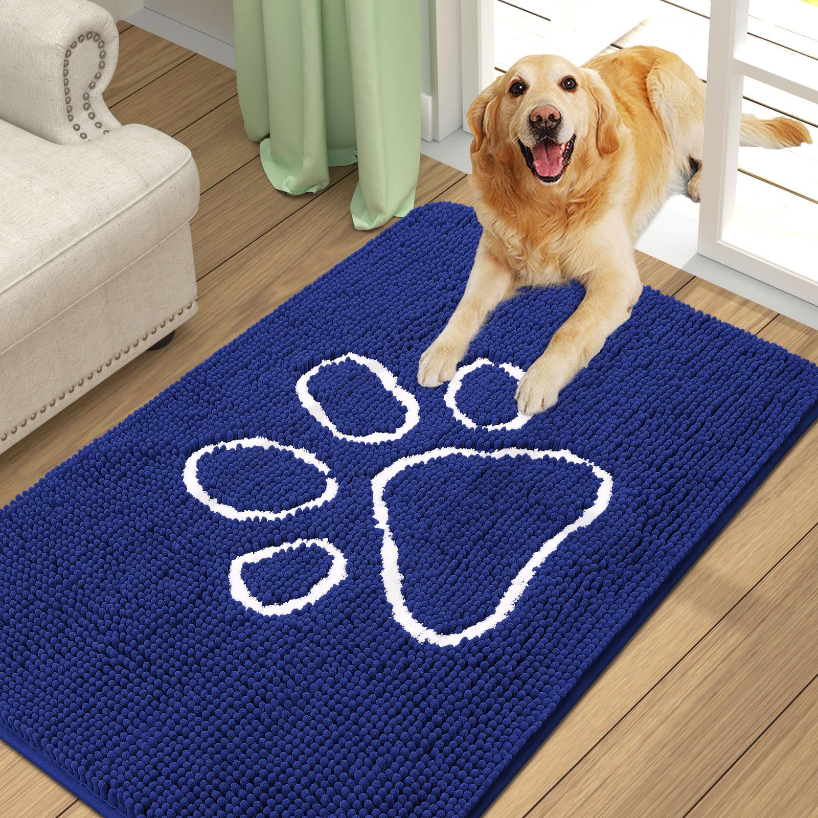 Homaxy Dog Door Mats Indoor, Super Absorbent Non Slip Doormats, Soft Chenille Floor Mat, Machine Washable Entrance Rug for Dogs Muddy Paws, Muddy Wet Shoes, Bathroom, Kitchen - 60 x 90 cm, Blue
