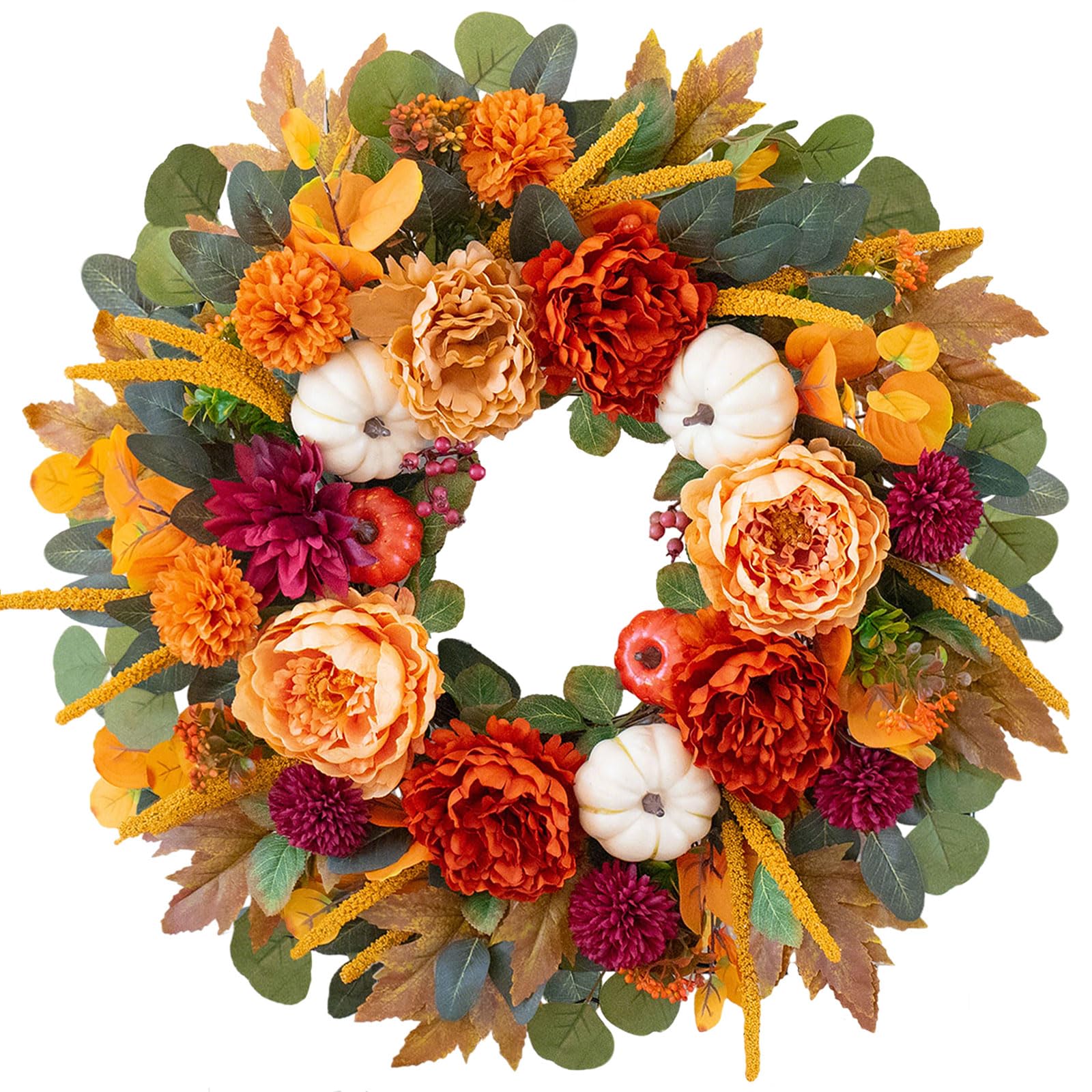 Photo 1 of 24 Inch Autumn Wreath for Front Door - Fall Wreath with Peony,Dahlia,Berries,Maple Leaves,Pumpkins - Farmhouse Thanksgiving Halloween Decor for Porch,Indoor,Outdoor,Wall,Door Hanging
