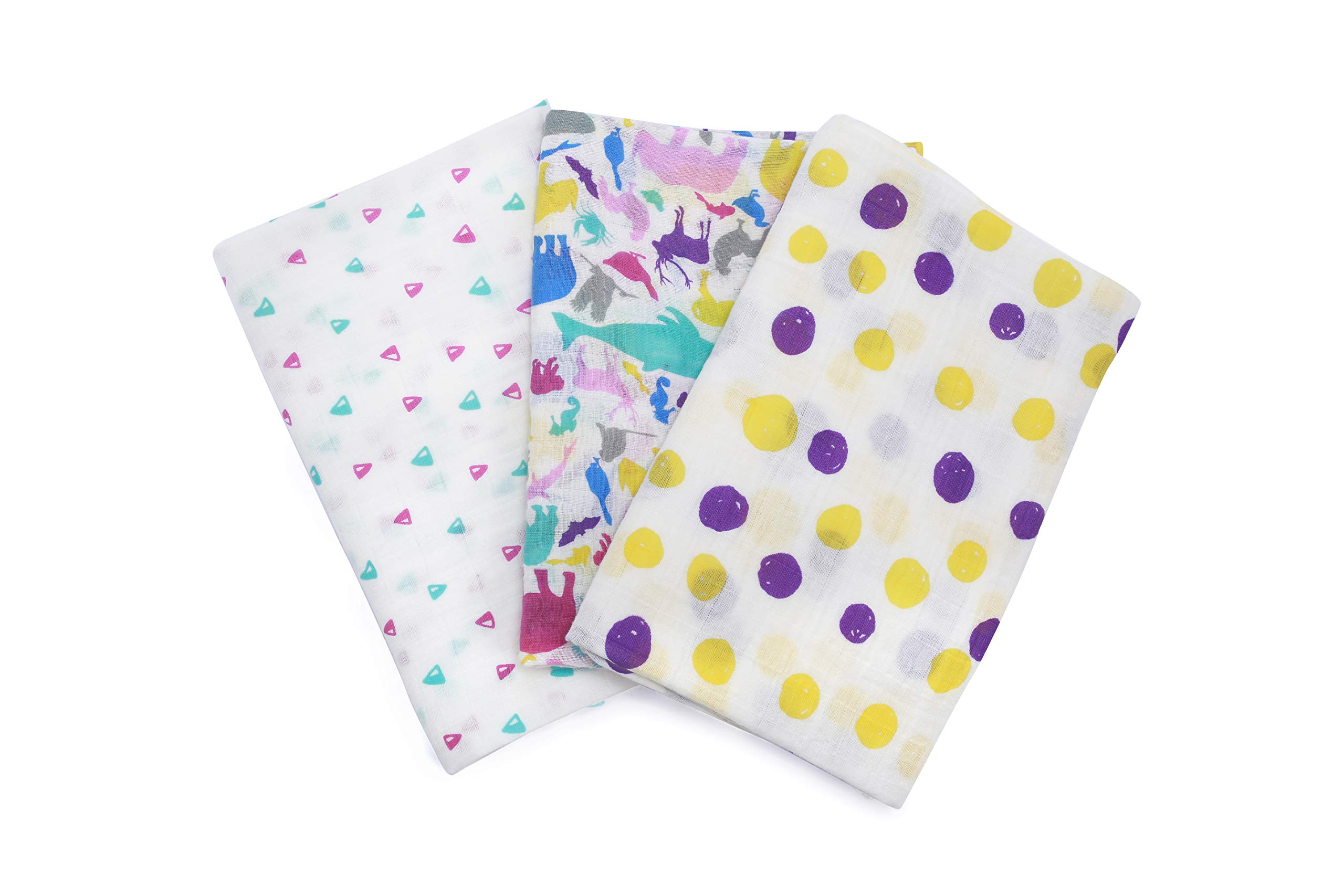 Funcho Children Muslin Squares Pack Swaddle Blanket (3 in a pack) (Purple Animals)