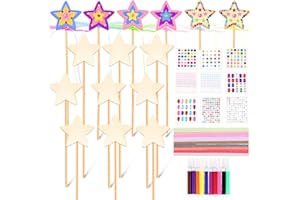 Chinco 57 Pcs Star Princess Fairy Wands Kit Make Your Own Princess DIY Art Craft Magical Wand Include 18 Star Wooden Fairy 9 Gem Stickers 20 Ribbons 10 Markers Party Supply