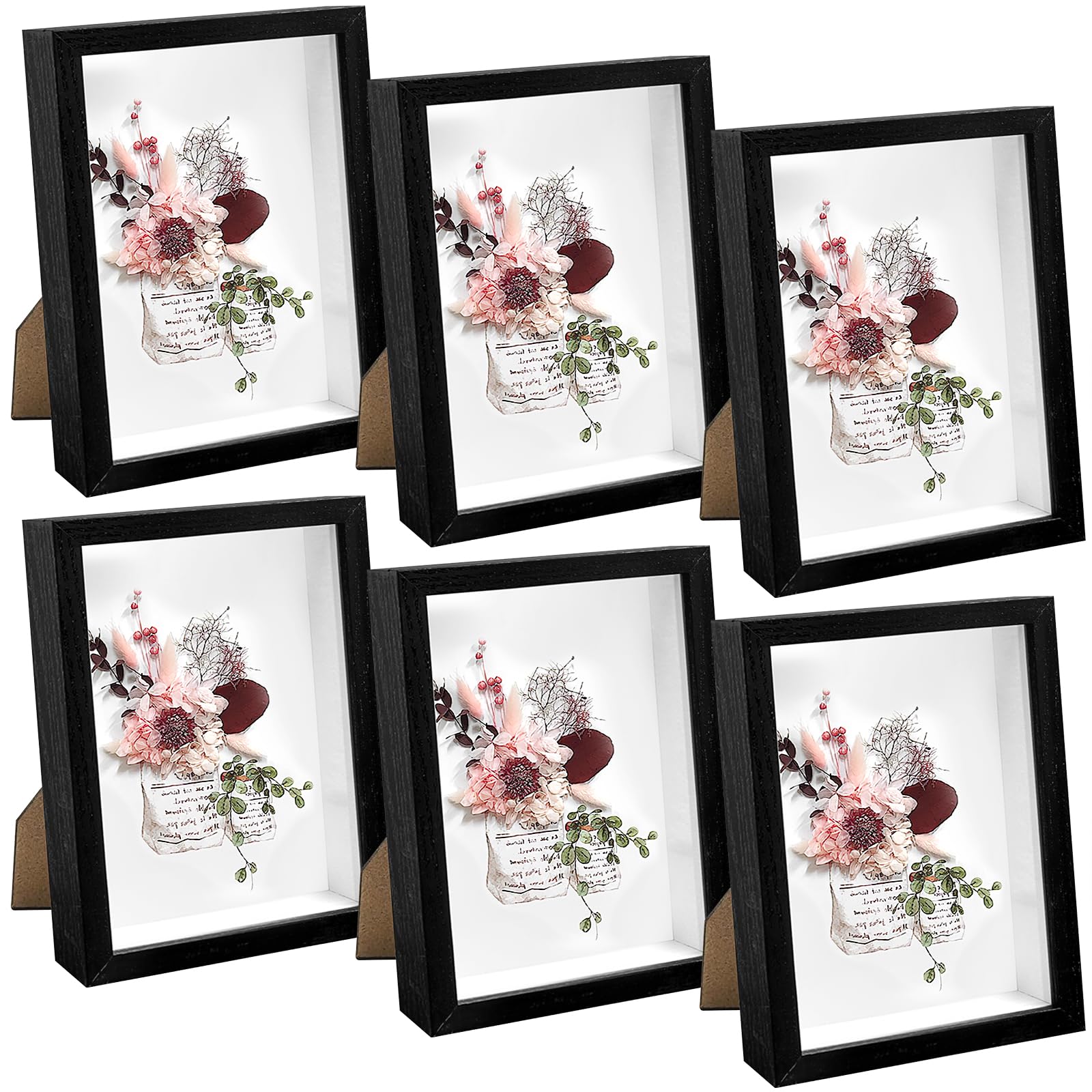 6 Pack Shadow Box Picture Frame, 5x7 Shadow Boxes Display Cases Wood Shadow Box Set for Dried Flowers, DIY Craft, Memorabilia, Medals, Photos, Wall Tabletop Display (5 x 7 Inch, Black)