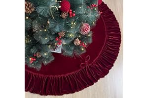 60-Inch Ruffled Velvet Christmas Tree Skirt, Thick Foam-Lined Heavy Duty Fabric with Plush Lace Ties, Wine Red