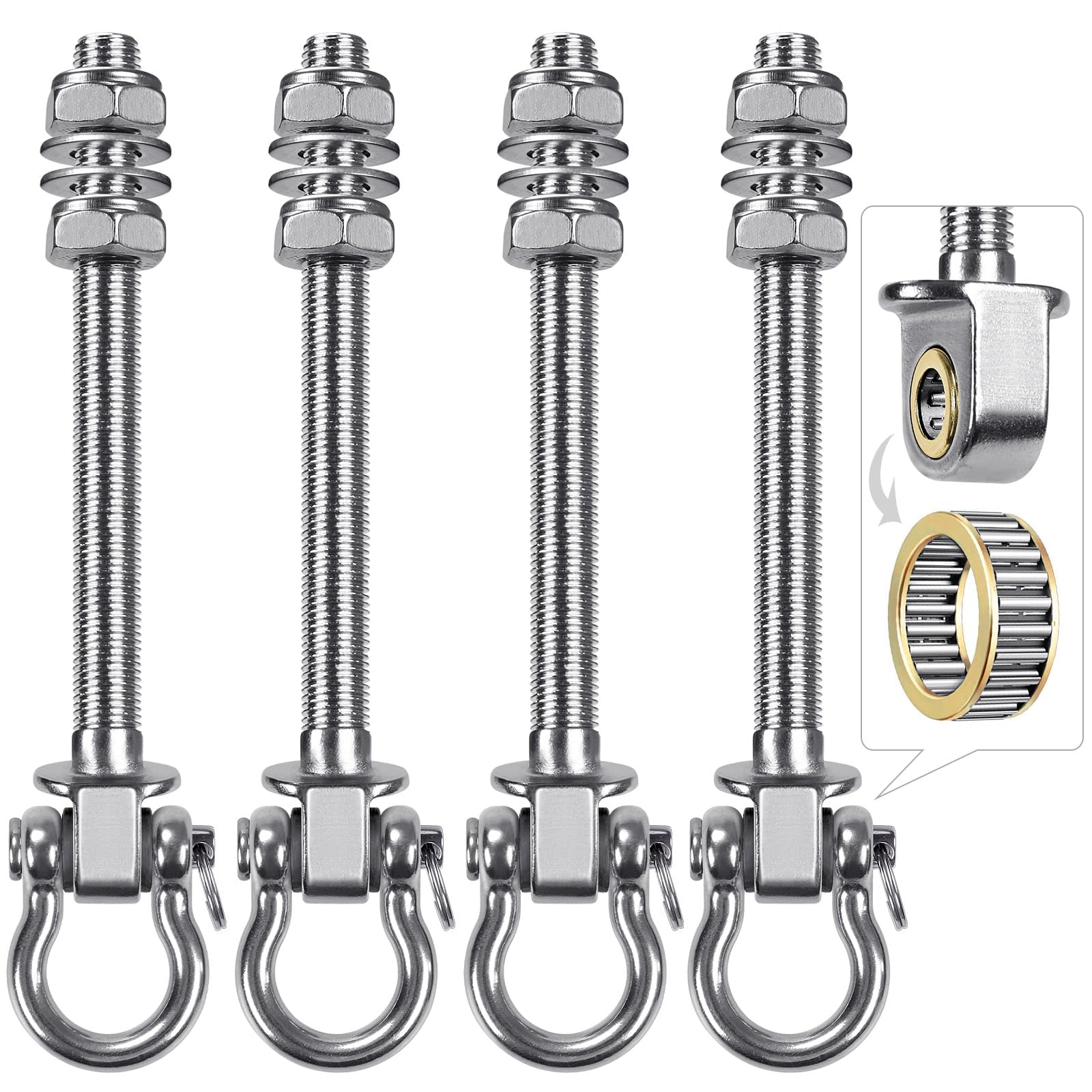 BeneLabel 4pcs Swing Hanger Bearing, 225mm Heavy Duty Hammock Hook M10 Hanging Chair Screw Eye Bolt Swivel Ceiling/Beam Mounting Bracket Kit for Yoga Rope/Aerial Hoop/Punching Bag/Sandbag,1500lbs