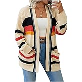 WDIRARA Women's Plus Size Striped Cardigan Sweaters Open Front Long Sleeve Loose Knit Outerwear with Pockets