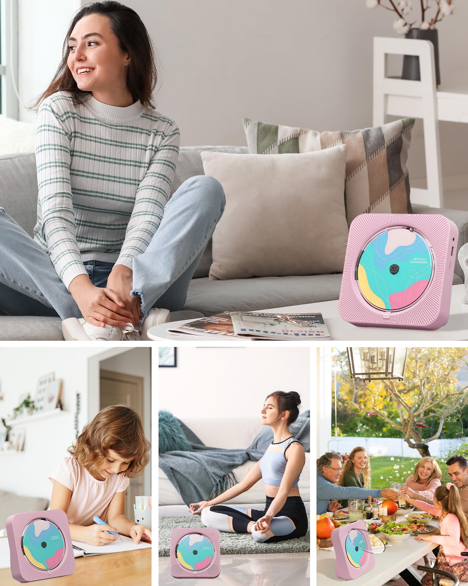 CD Player Portable with Bluetooth 5.1Desktop CD Player with HiFi Sound Speakers,Remote Control,Dust Cover,LED Display,Boombox FM Radio,USB/AUX for Home (Pink)