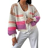OYOANGLE Women's Color Block Striped Cardigan Button Open Front Scallop Long Sleeve Knit Lightweight Sweaters Coats