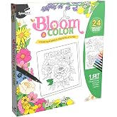 SpiceBox: Sketch Plus - Bloom &amp; Color - 24 pg Coloring Pad, Floral &amp; Garden Designs, 5 Gel Pens, 10 Markers, Magnetic Close Storage, Adult Art Set