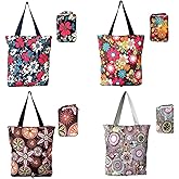 NC 4 Pack Foldable Kitchen Reusable Grocery Bags Floral Designs with Zipper Folding Shopping Tote Bags Lightweight Durable Large Bags 50LBS for Grocery
