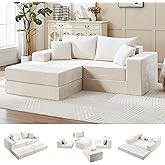 79" Boneless Cloud Loveseat Sofa Couch, Modular Foldable Floor Sofa with Ottoman, Chenille Lounge Convertible Sofa Bed for Living Room, No Assembly, Beige