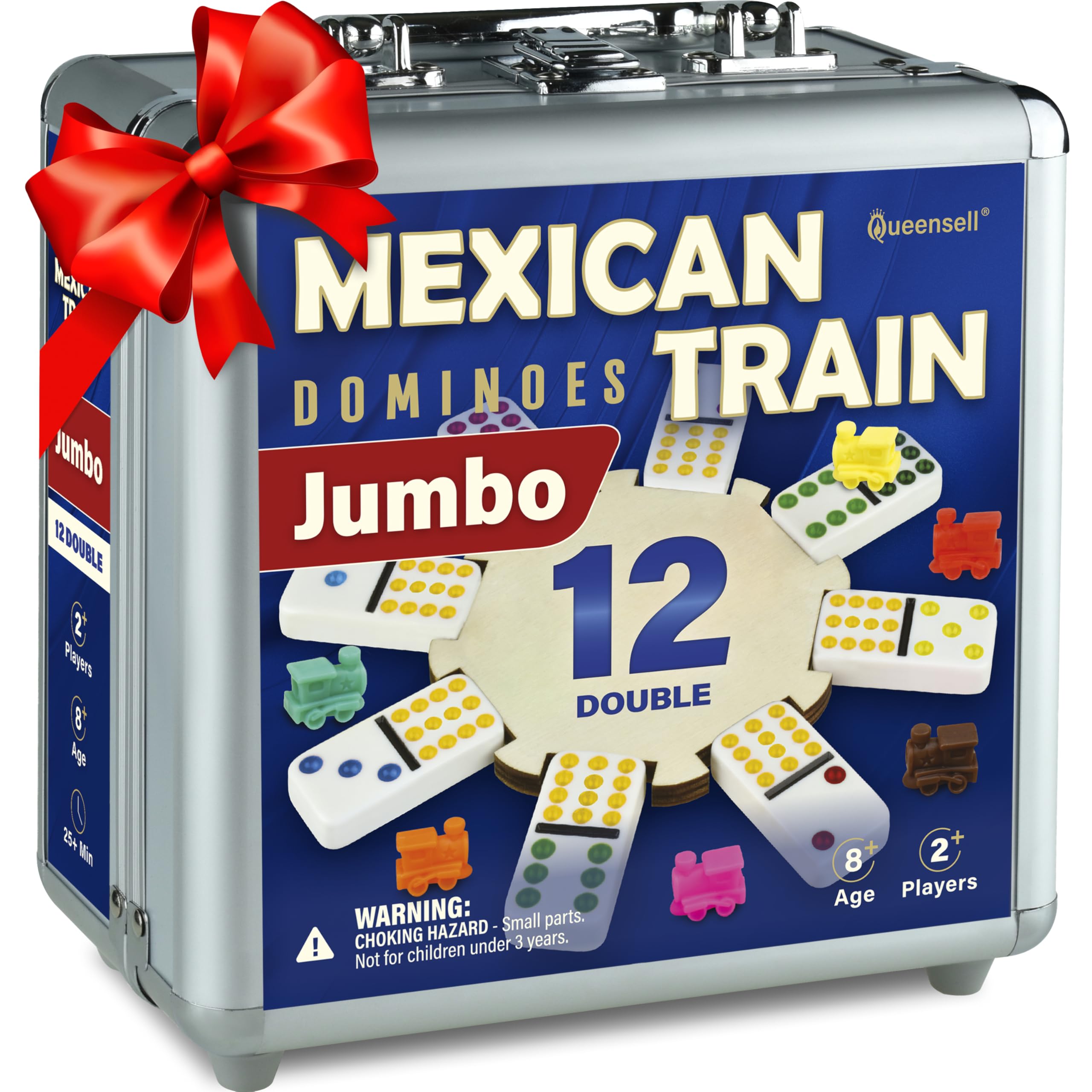 Queensell Mexican Train Dominoes Set Double 12 – Jumbo Dominoes Set for Adults, 91 Tiles with Colorful Dots, Wooden Hub, Train & Aluminum Case — image 1