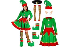 QZYL 9 PCS Christmas Elf Costume Set Santa's Helper Cosplay Outfit Dress Belt Ears Socks Elf Hat Shoes for Women Xmas Party