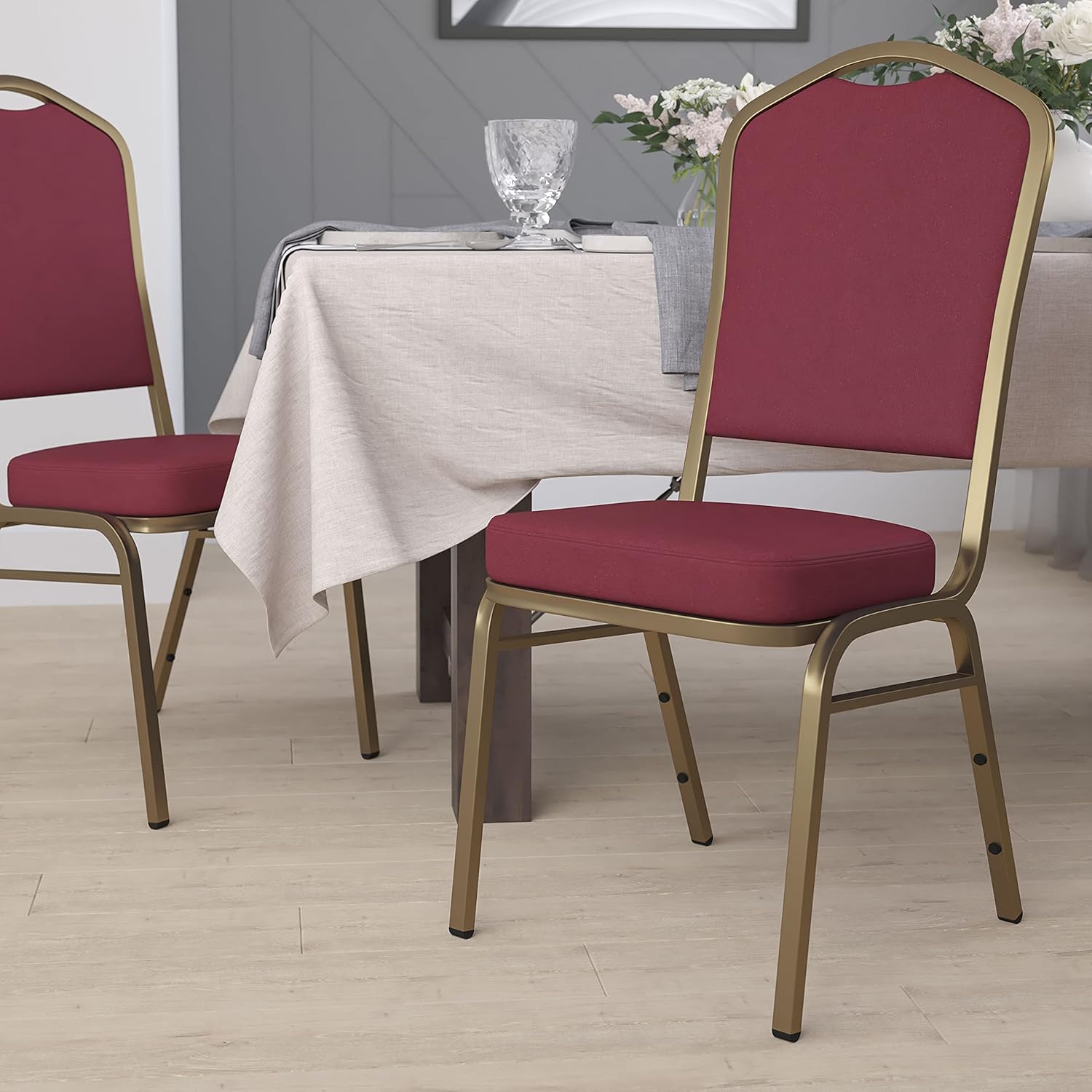 Flash Furniture HERCULES Series Crown Back Stacking Banquet Chair in Burgundy Fabric - Gold Frame: Furniture & Decor