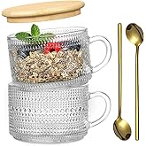 Vintage Coffee Mugs, Overnight Oats Containers with Bamboo Lids and Spoons - 14oz Clear Embossed Glass Cups, Cute Coffee Bar Accessories, Iced Coffee Glasses, Ideal for Cappuccino, Latte, 2 Pack