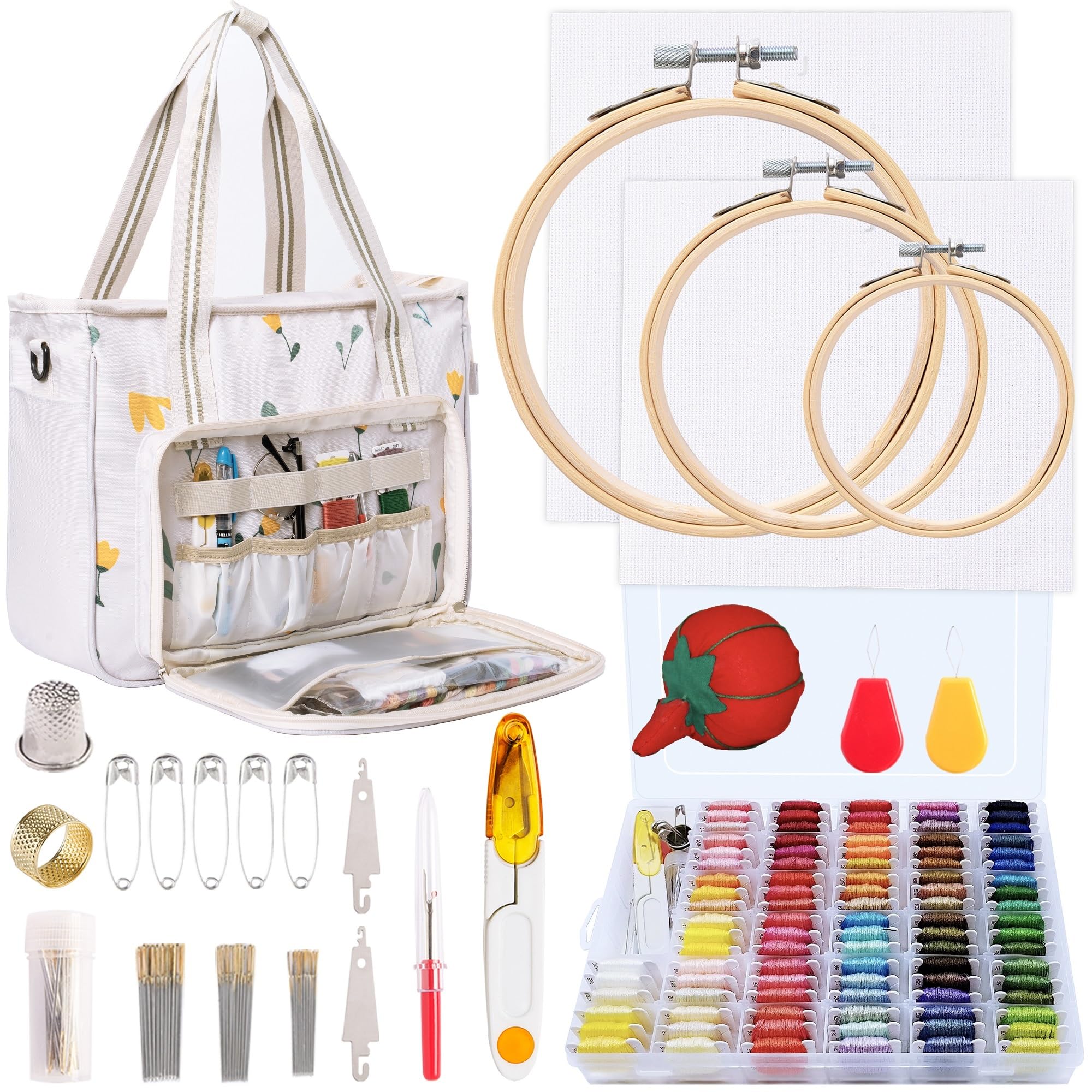 Peirich Embroidery Kit - Embroidery Project Bag with Floss, Hoop, Aida Cloth, Storage Bag and Cross Stitch Kits for Beginners and Adults