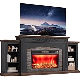 Harpaq 80" Modern Electric Fireplace Entertainment Center, Fireplace TV Stand, Up to 90" with Mantel, LED Light, 6 Open Shelves, 30" Realistic 3D Flame Insert Heater, for Living Room, Black