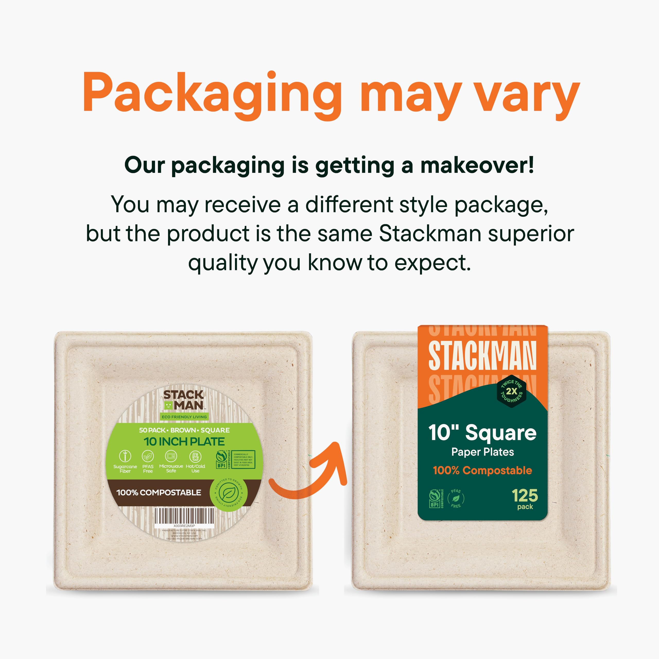 100% Compostable Square Paper Plates [50-Pack] - {PFAS-Free} - {BPI Certified} - [10 Inch] Heavy Duty, Eco-Friendly, Biodegradable Bagasse Dinner Plates - Natural Brown 10