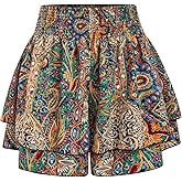 OYOANGLE Women's Plus Size Paisley Print Shorts Elastic High Waist Ruffle Loose Boho Shorts
