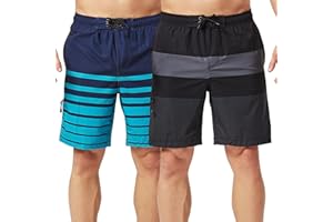 TEX2FIT 2-Pack Stretchy Mens Swim Shorts 9 Inch Inseam with Zippered Side Pocket, Quick Dry Swim Trunks with Mesh Lining