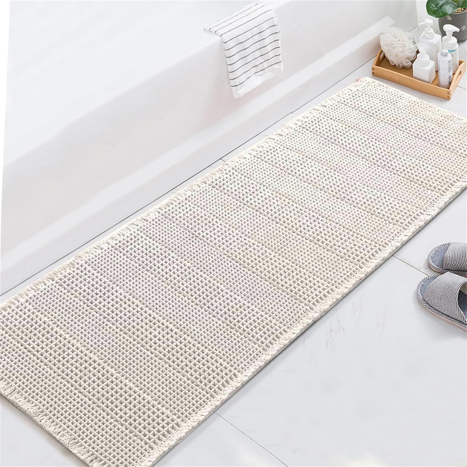 LINGKY Bath Mat Non Slip Anti Mould 60x180 cm - Ivory Waffle Bathroom Mat Extra Soft & Comfortable Bathmat Machine Washable Super Water Absorption Shower Mat