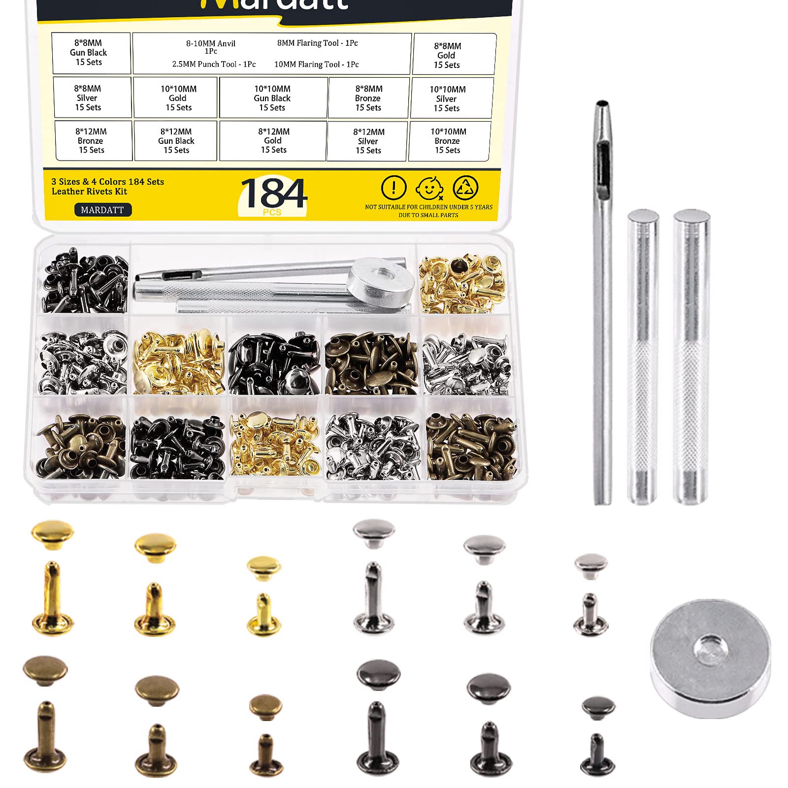 Mardatt 180 Sets Double Cap Rivets with Setting Tool Kit, 4 Colors 3 Sizes Leather Rivets Double Cap Rivet Tubular Metal Studs for DIY Leather Craft Repair and Decoration