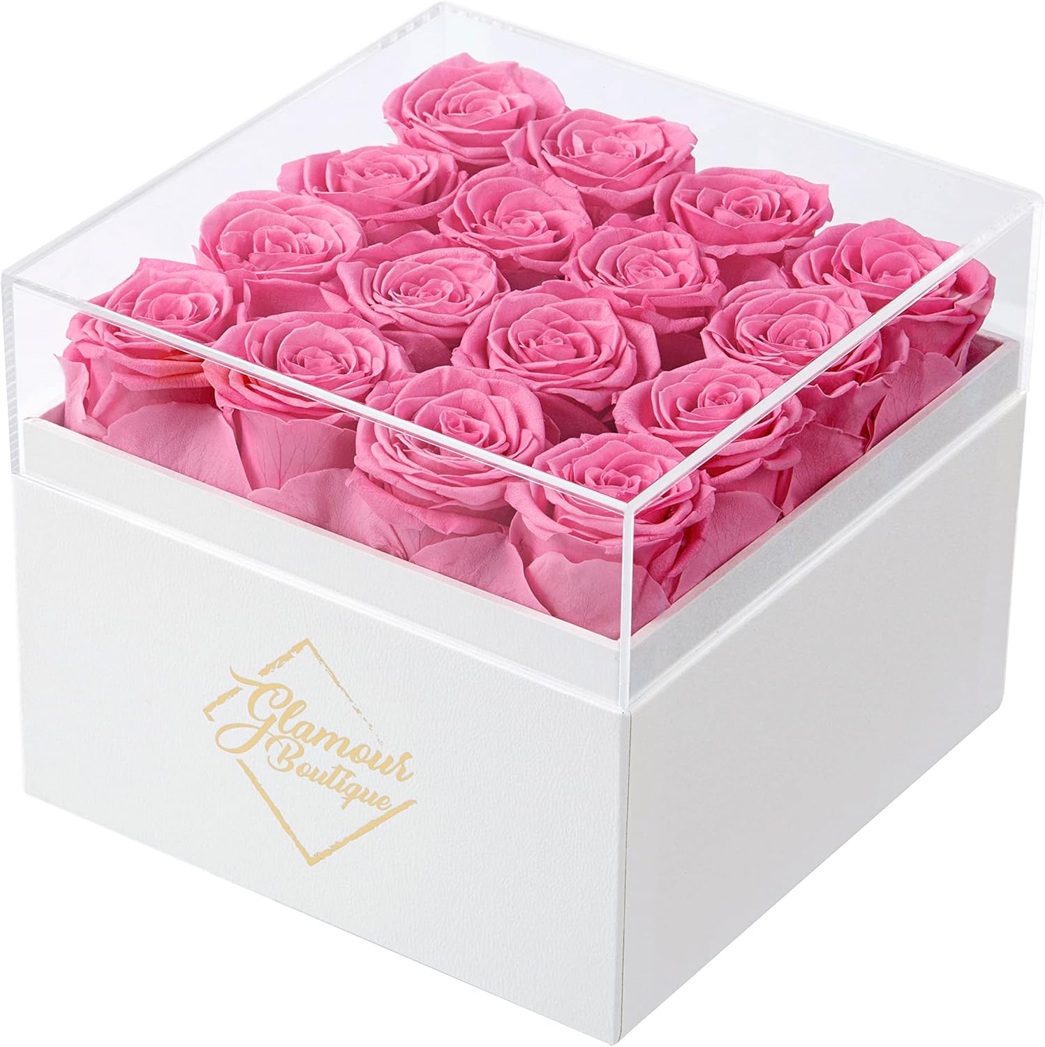Dried & Preserved Flora - GLAMOUR BOUTIQUE Preserved Roses in a Box - Valentines Day Gifts for Her & Mom, 16-Piece Rose Flowers Decor for Birthday Gift, Cased in White Box with Acrylic Cover, 6.9