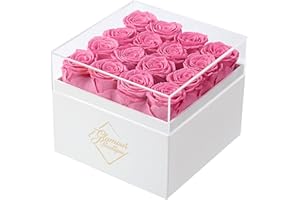 GLAMOUR BOUTIQUE Preserved Roses in a Box - Valentines Day Gifts for Her & Mom, 16-Piece Rose Flowers Decor for Birthday Gift, Cased in White Box with Acrylic Cover, 6.9" x 6.9" x 5.5" - Pink