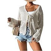 Floerns Women's Tie Front Crochet Lightweight Long Sleeve Cardigan Sweaters Boho Beach Hollow Out Lace Cover Up