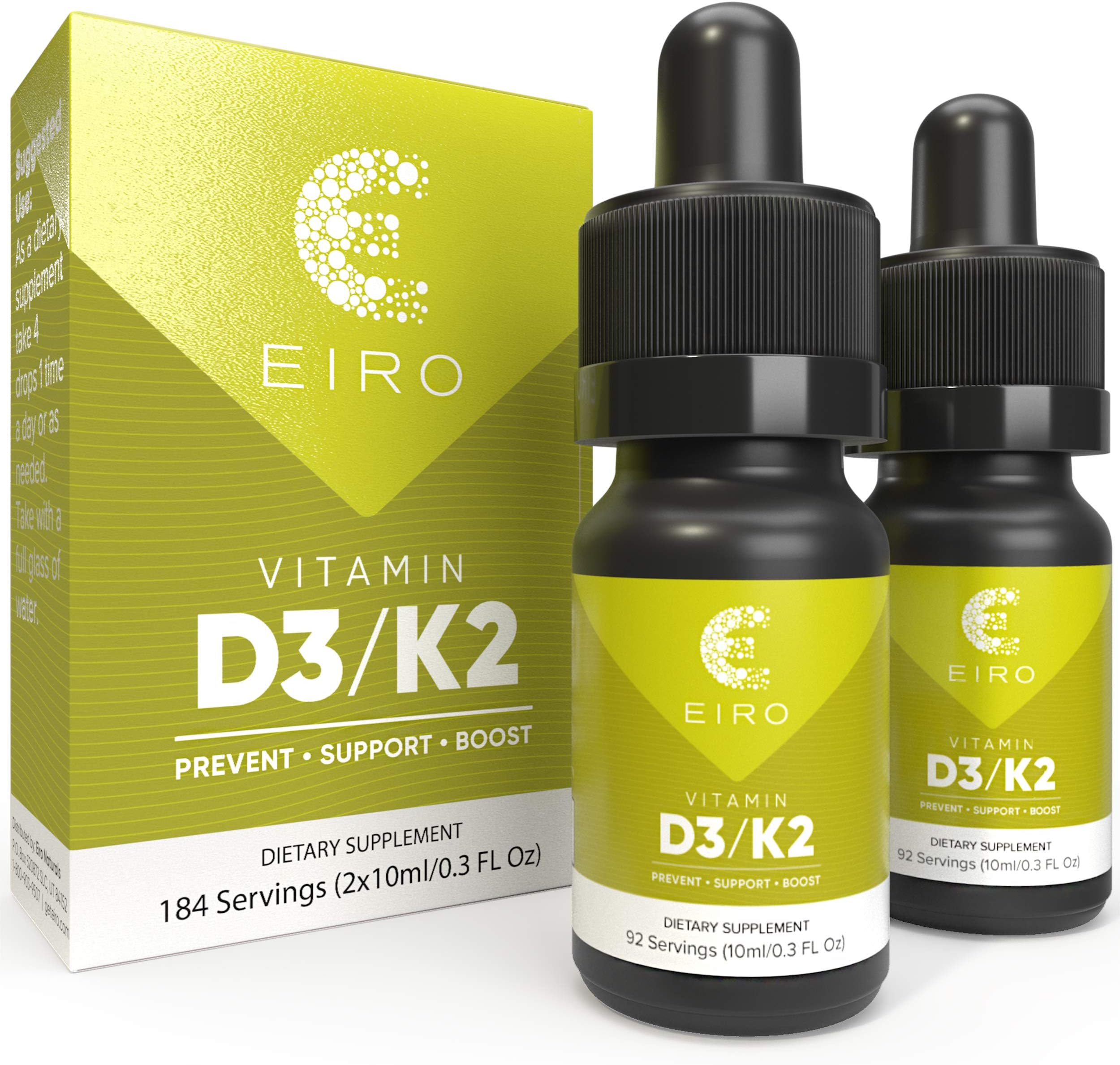 EIRO Vitamin D3 + K2 (MK7) │ D3 2000UI + K2 25mcg Per Serving │ Liquid Drop Supplement for Superior Absorption │Prevent • Support • Boost│ 2 Pack