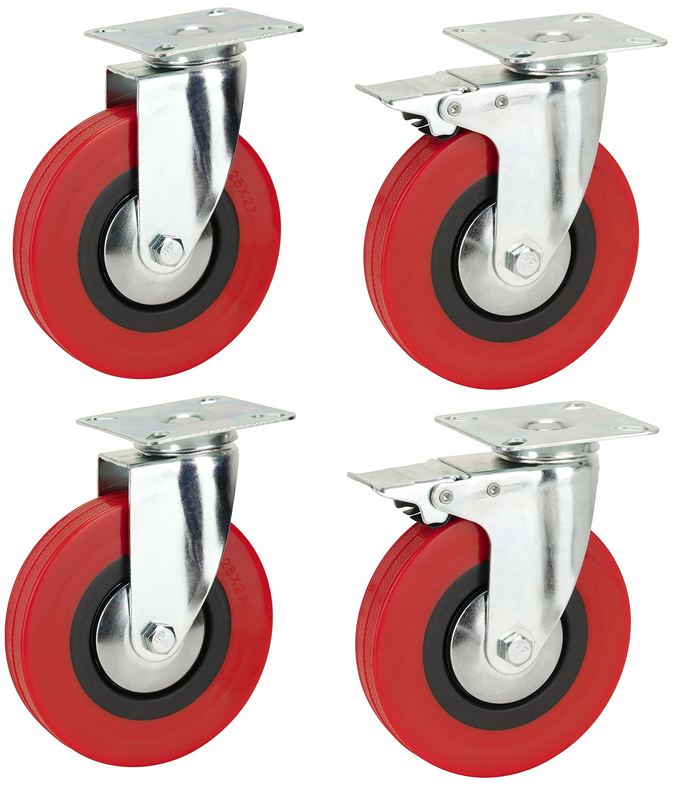 125mm Polyurethane Swivel Casters with Brakes - Top Plate Fitting Heavy Duty PU Casters Wheels by Bulldog Castors - Max 500Kg Per Set