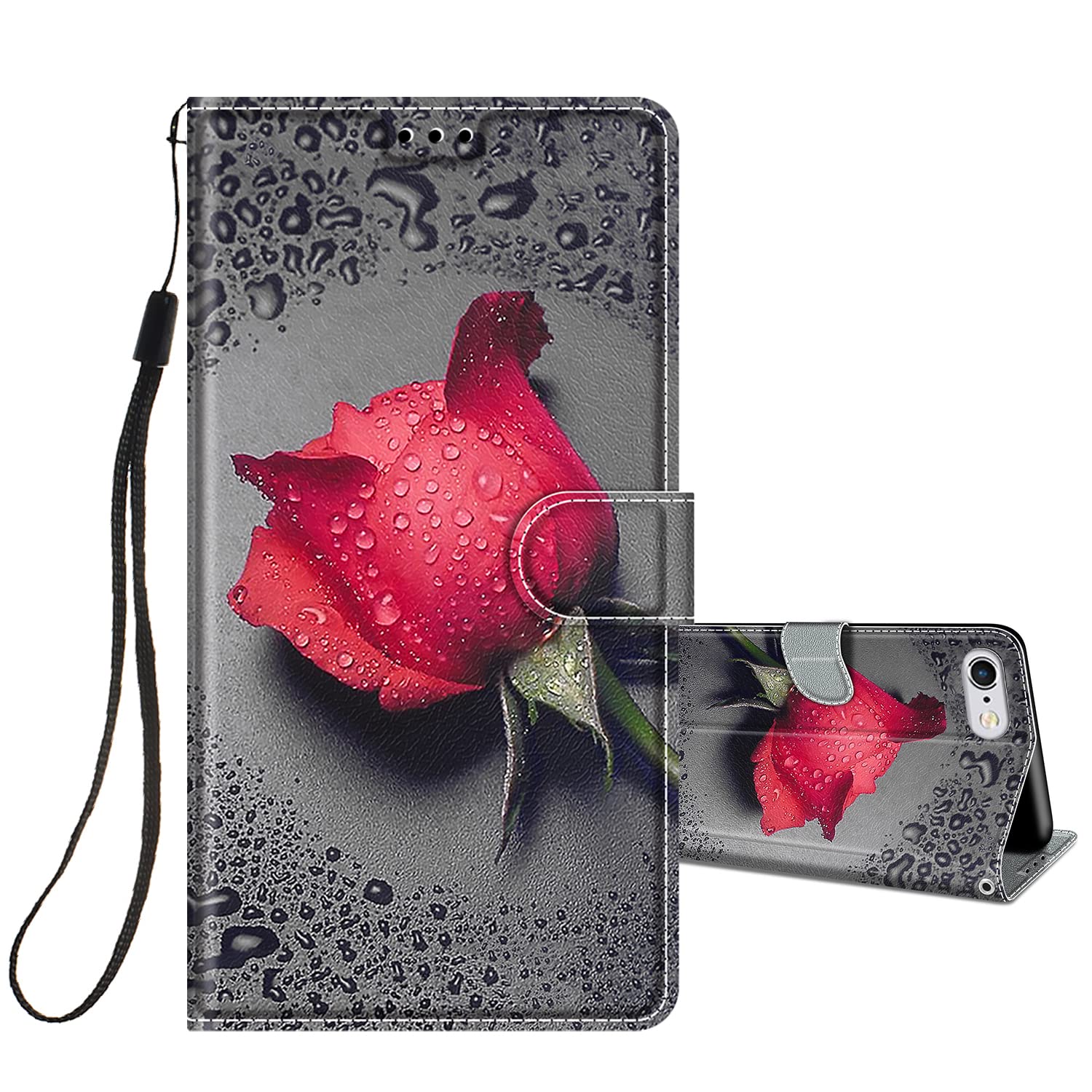 HopMore Flip Case for iPhone 6S / 6 Phone Case Protective Wallet Case for Girls Women Boys, PU Kickstand Card Slot Holder Silicone Bumper 360 Degrees Shockproof Cover - Rose