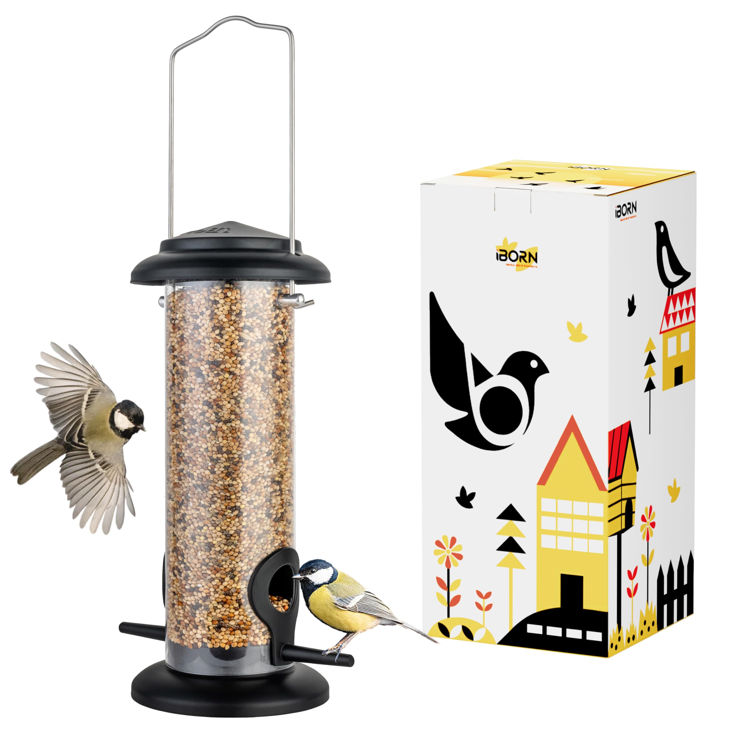 iBorn Metal Bird Feeder Hanging Wild Bird Seed Feeder for Mix Seed Blends,Niger Seed Feeder,Sunflower Heart,Birdbath,Heavy Duty All Metal Black Finishing,8 Inch(20.3 CM),Black,1 Pack