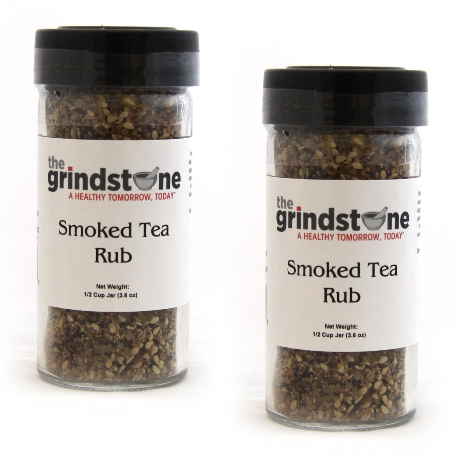 The Grindstone, smoked tea rub, hand-blended spice, perfect on chicken, pork tenderloins and vegetables, 1/2 cup size, 2.50 oz. glass bottle with sifter, pack of 2