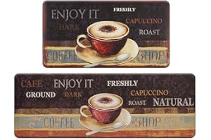ROSMARUS Coffee Kitchen Rug Set 2 Pieces, Kitchen Floor Mats Cushioned Anti-Fatigue Waterproof Easy to Clean Comfort Standing Kitchen Mats for Floor