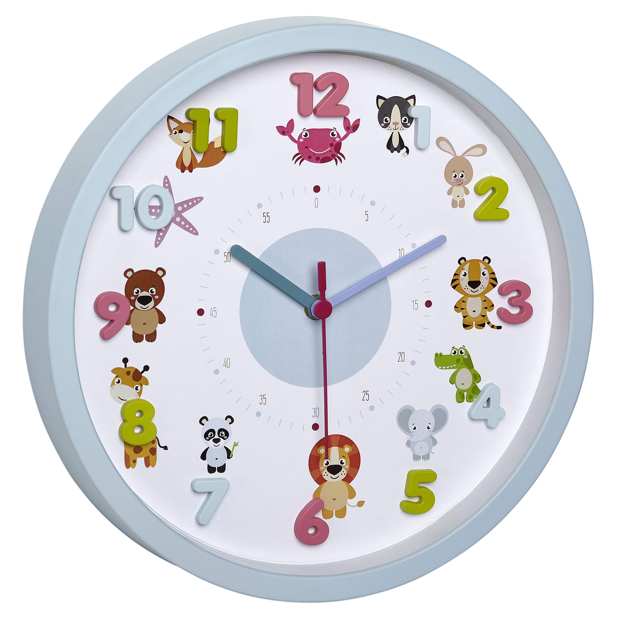 TFA Dostmann kids wall clock Little Animals, 60.3051.14, with animal motifs, time teacher, non ticking sweep quartz meachnism