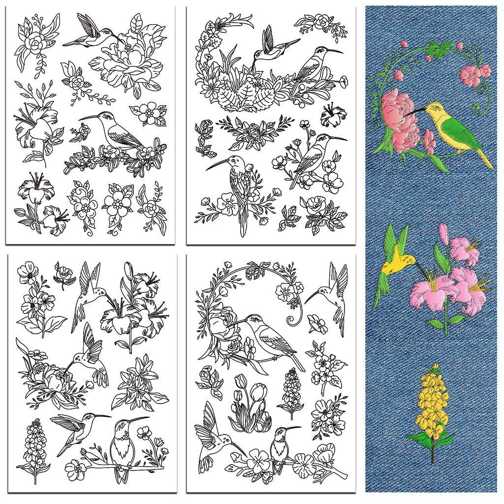 peacoblue Water Soluble Embroidery Patterns for Beginners 4 Sheets Pink Flower and Bird with 36pcs Patterns, Wash Away Stick and Stitch Dissolvable Embroidery Paper for Hand Sewing Lovers Women Adult