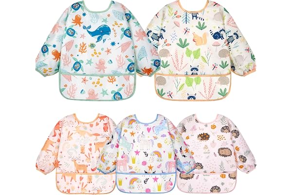Lictin 5 Pcs Baby Long-sleeved Bibs, Waterproof Bibs with Sleeves Adjustable Feeding Bibs for Unisex Baby Toddler